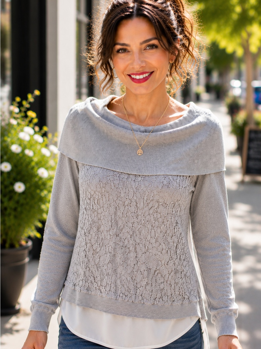 Simply Vera Vera Wang Gray Lace Overlay Sweater Blouse Size Small Cowl Neck